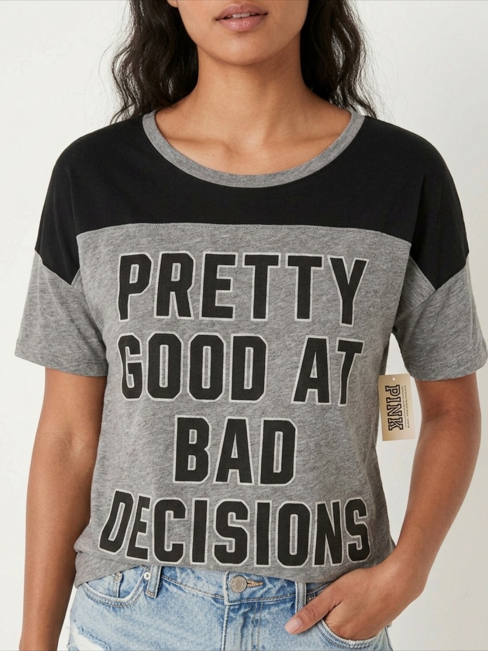 PINK VICTORIA'S SECRET PRETTY GOOD AT BAD DECISIONS TEE SZ L